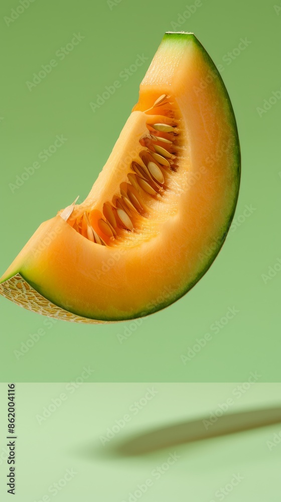 Slice of cantaloupe melon with seeds on green background, fresh and healthy fruit concept Slice of cantaloupe melon with seeds on green background, fresh and healthy fruit concept
