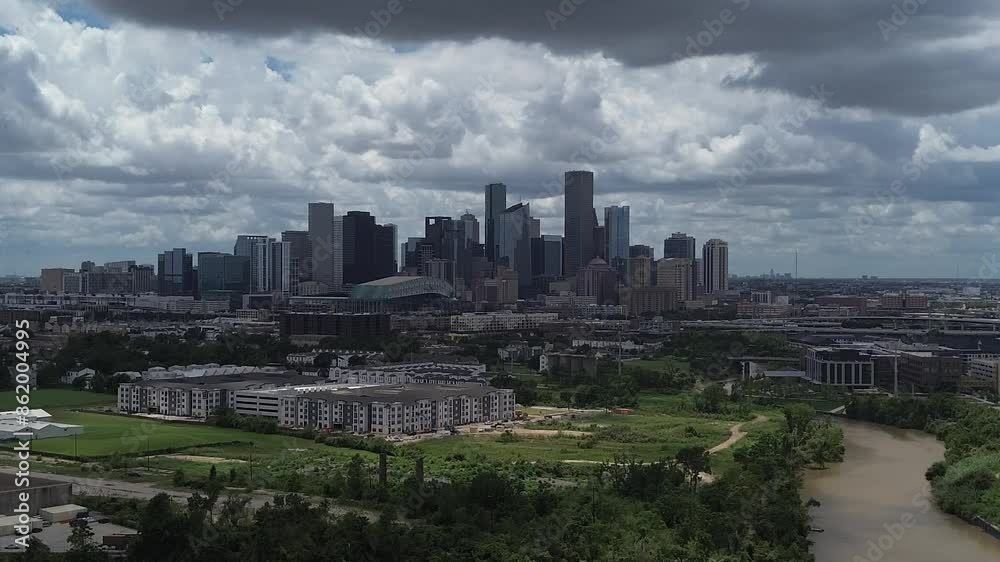 Downtown Houston, Texas during sunset from a drone Downtown Houston, Texas during sunset from a drone