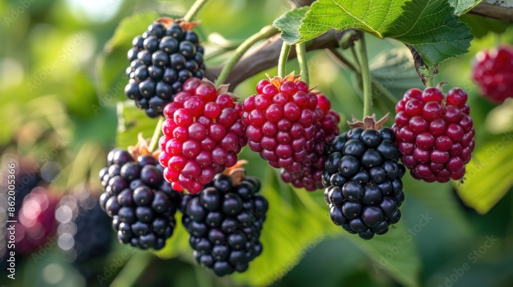 Ripe Blackberries and Dewberries Hanging on a Branch Ripe Blackberries and Dewberries Hanging on a Branch