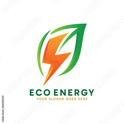 Eco Energy logo design. Abstract Green leaf combined with lightning logo concept. Creative environment logo idea.