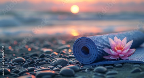Yoga Mat And Pink Water Lily On Pebbles At Sunset
