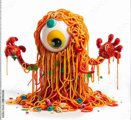  Spaghetti monster pasta flying halloween funny food pastafarian sauce cartoon. Pop spaghetti pasta monster dish scary head art spooky fun meatball humor tomato isolated atheist religious lunch holy.  photo