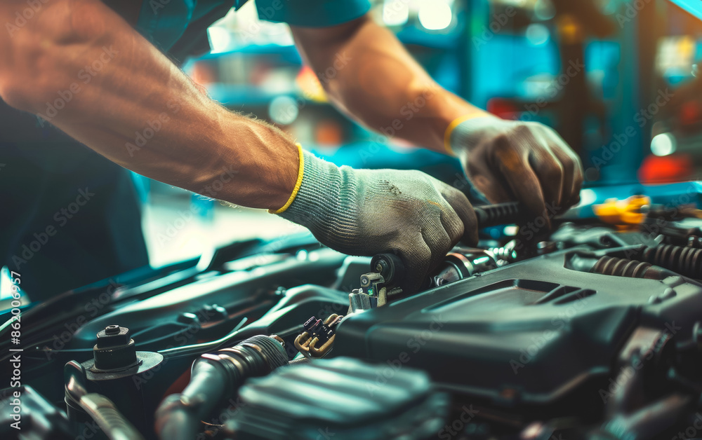 A mechanic is working on a car engine A mechanic is working on a car engine