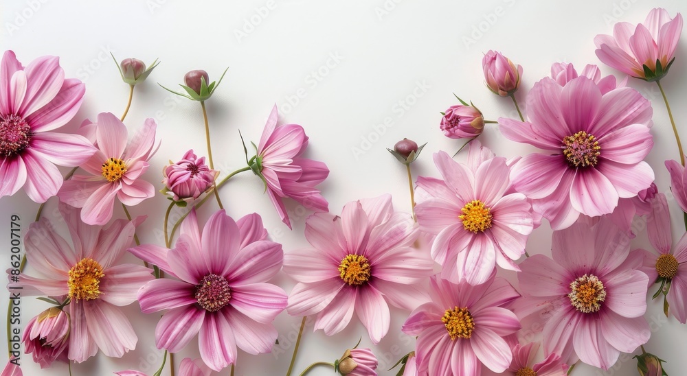 Pink Cosmos Flowers in Bloom on White Background