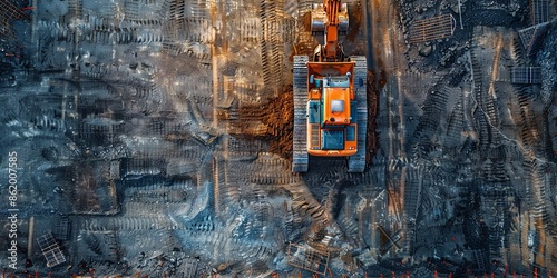 Aerial view of construction site with heavy machinery in action photo