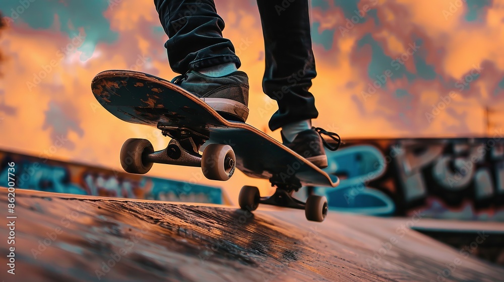 Skateboarder Performing Tricks at Sunset in Urban Skatepark