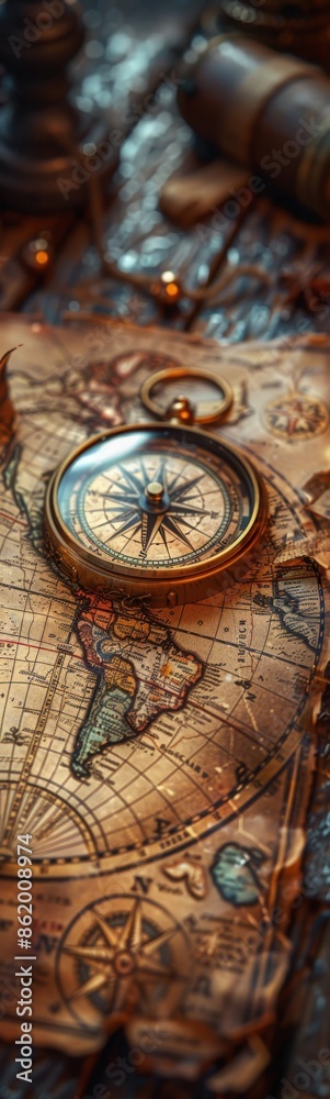Compass on a map with a gold frame, Travel concept Compass on a map with a gold frame, Travel concept