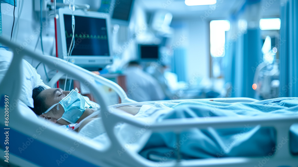 A man is in a hospital bed with a mask on A man is in a hospital bed with a mask on