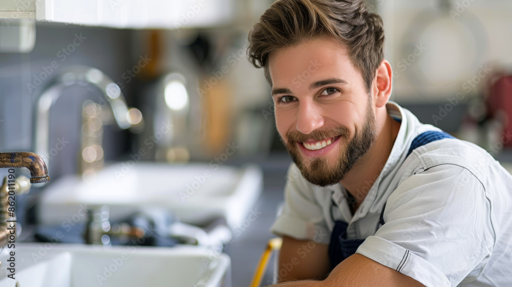 A man with a beard is smiling and posing for a picture in front of a sink, professional plumber A man with a beard is smiling and posing for a picture in front of a sink, professional plumber