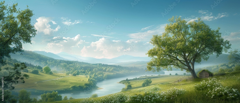 Obraz premium Tranquil landscape with rolling hills, a flowing river, lush green fields, and a solitary tree under a bright blue sky with fluffy clouds.