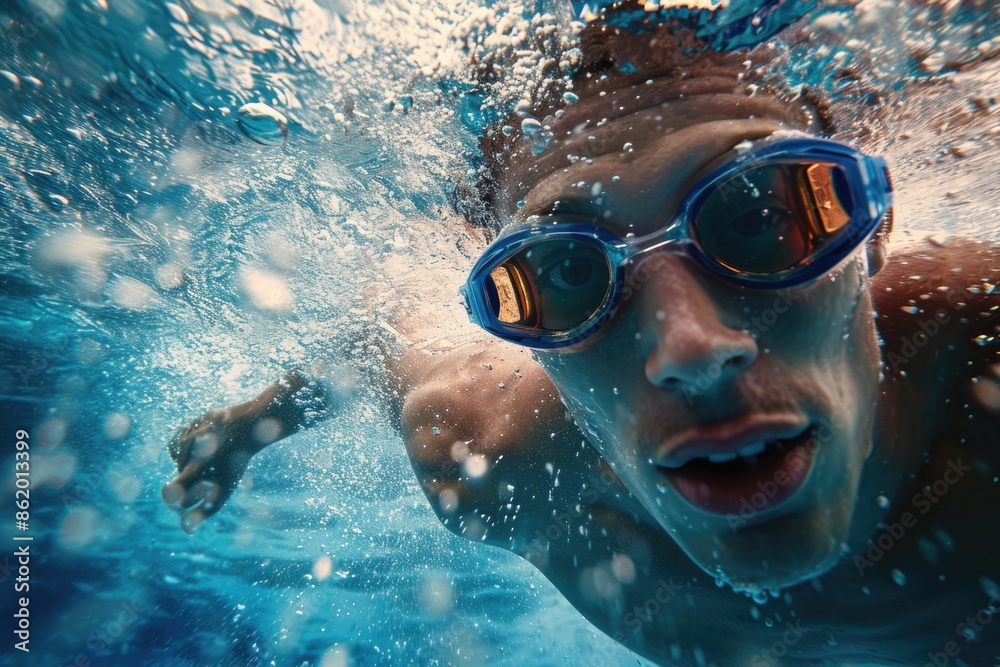 Naklejka premium A man is seen swimming in the water while wearing goggles.