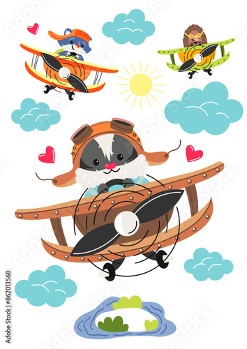 Animals pilots postcard. Raccoon and hedgehog in races at planes. Fantasy and imagination. Fairy tale for kids. Greeting card template. Flight and trip. Cartoon flat vector illustration © Rudzhan