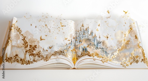 Magical Storybook with Golden Illustrations and Enchanting Castle Scene, Bringing Fantasy to Life