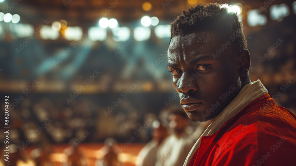 Male judo fighter in a red gi with a focused, intense expression in an indoor arena, highlighting determination, strength, and concentration in martial arts. Male judo fighter in a red gi with a focused, intense expression in an indoor arena, highlighting determination, strength, and concentration in martial arts.