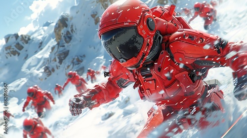 The red team in action, competing in a futuristic arena with high-tech gear and intense energy, highlighting the excitement and competitiveness of the event. Illustration, Minimalism,