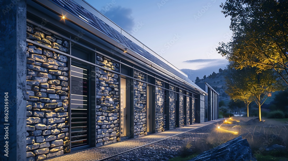 Obraz premium high-tech data center with robust stone siding, designed to naturally regulate temperature and protect critical technology