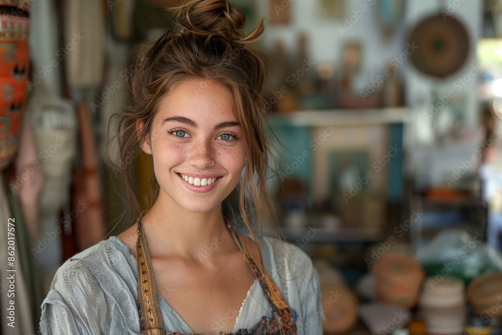 Portrait of a Smiling Woman With Brown Hair in a Messy Bun, Wearing a Light Blue Shirt and a Brown Strap, Indoors