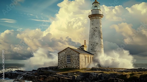 historic lighthouse on a rugged coastline, its stone siding weathered by centuries of storms and waves, standing as a beacon of endurance photo