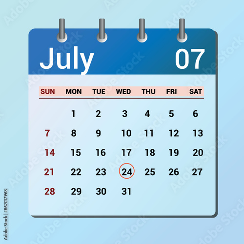 vector page of July month calendar and highlighted date July 24