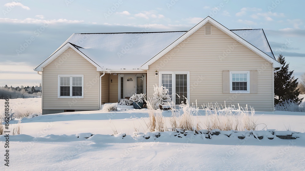 home adorned with soft beige vinyl siding, with a light dusting of snow that enhances its welcoming and warm appearance in a cold, stark landscape home adorned with soft beige vinyl siding, with a light dusting of snow that enhances its welcoming and warm appearance in a cold, stark landscape