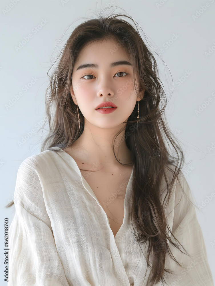 Elegant Young Woman with Long Hair in a Light Shirt Elegant Young Woman with Long Hair in a Light Shirt
