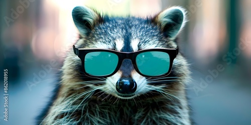 Raccoon with Sunglasses Strutting on City Street, Radiating Quirky and Cute Vibes. Concept Raccoon Photoshoot, Urban Strut, Sunglasses Style, Quirky Cute Vibes photo