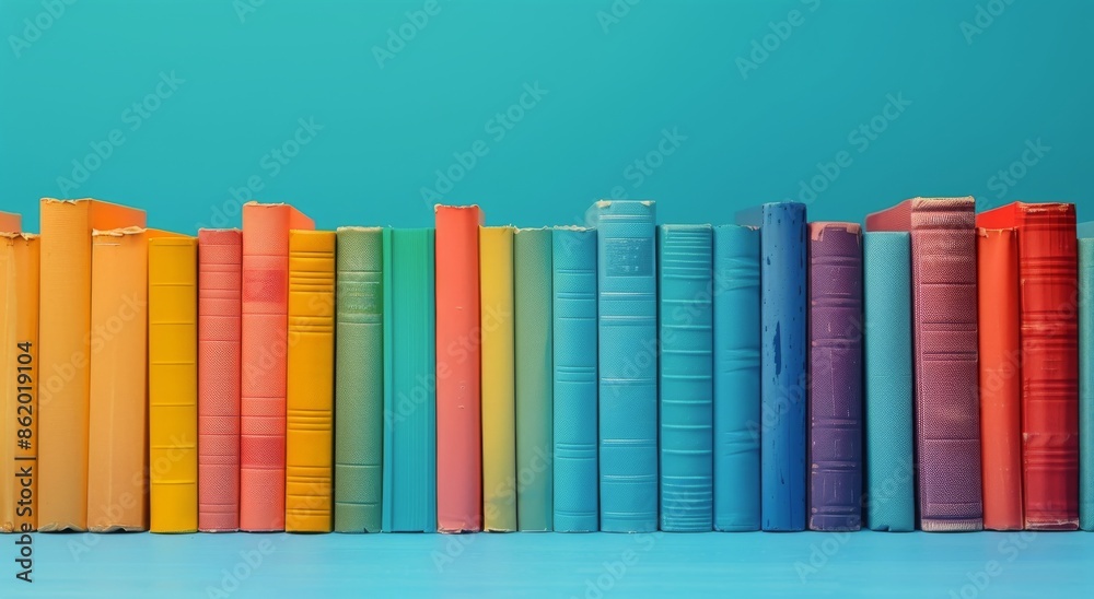Colorful Books Lined Up Against a Teal Wall Colorful Books Lined Up Against a Teal Wall