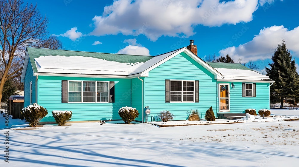 home adorned with vinyl siding in bright aqua, with the surrounding snow amplifying its brightness and providing a refreshing pop of color during the winter months home adorned with vinyl siding in bright aqua, with the surrounding snow amplifying its brightness and providing a refreshing pop of color during the winter months