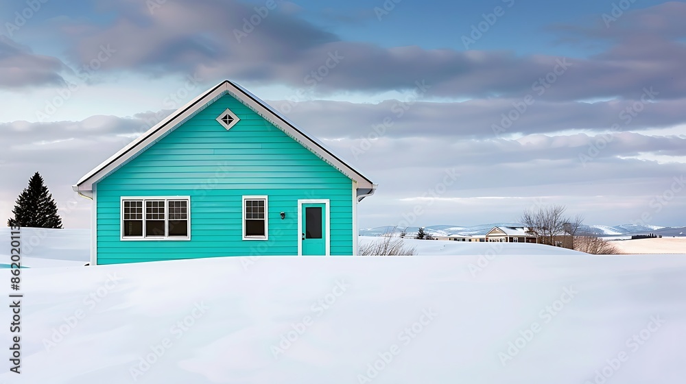 home featuring bright turquoise vinyl siding, standing out boldly against a landscape of fresh, white snow under crisp winter skies home featuring bright turquoise vinyl siding, standing out boldly against a landscape of fresh, white snow under crisp winter skies