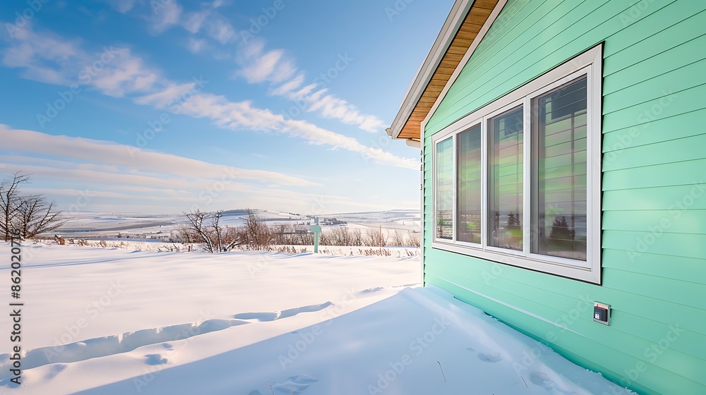 home featuring vinyl siding in bright mint green, reflecting the sparse winter light and adding a fresh, cheerful touch to the snowy landscape home featuring vinyl siding in bright mint green, reflecting the sparse winter light and adding a fresh, cheerful touch to the snowy landscape