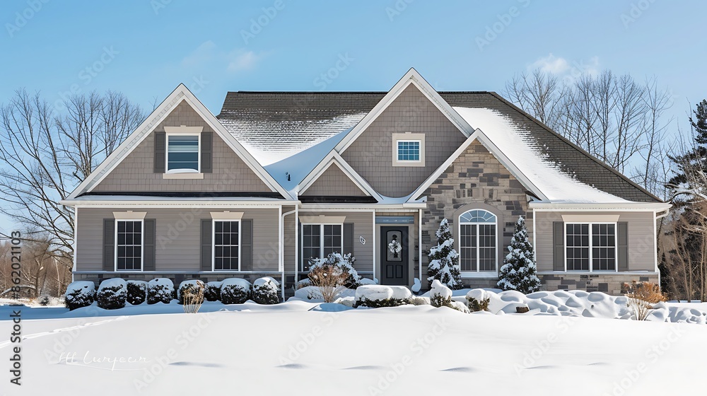 home featuring vinyl siding in a muted almond shade, with a soft snow cover that complements its understated elegance, offering a subtle and stylish winter look home featuring vinyl siding in a muted almond shade, with a soft snow cover that complements its understated elegance, offering a subtle and stylish winter look