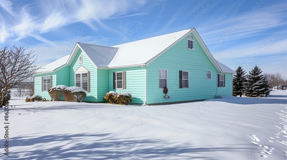 home featuring vinyl siding in bright mint green, reflecting the sparse winter light and adding a fresh, cheerful touch to the snowy landscape home featuring vinyl siding in bright mint green, reflecting the sparse winter light and adding a fresh, cheerful touch to the snowy landscape