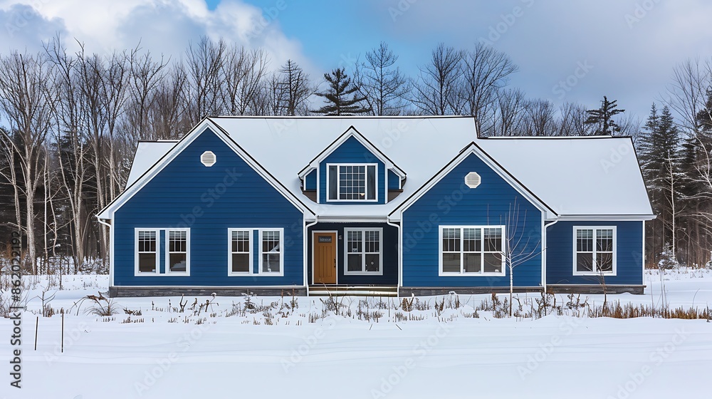 home featuring vinyl siding in an intense cobalt blue, with the stark winter landscape accentuating its bold color, making it stand out in the snowy environment home featuring vinyl siding in an intense cobalt blue, with the stark winter landscape accentuating its bold color, making it stand out in the snowy environment