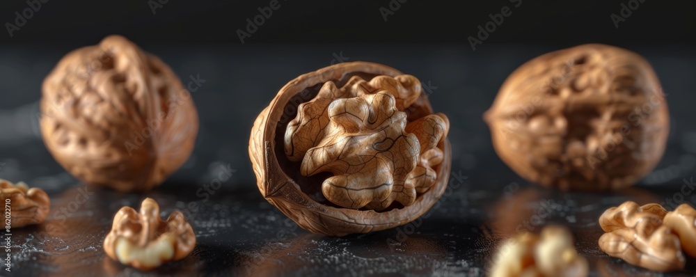 Close-up of whole and shelled walnuts on a dark background Close-up of whole and shelled walnuts on a dark background