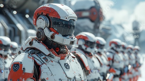 A group of futuristic troopers in advanced armor, standing guard in a dystopian city, showcasing their readiness and technological prowess. Illustration, Minimalism,