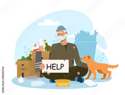 Beggar man ask help. Elderly homeless person with dog. Poor character with junk and trash. Dirty person sitting at street in despair. Cartoon flat vector illustration isolated on white background