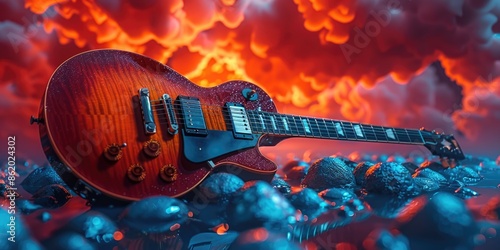 A red guitar resting on top of a mound of rocks, contrasting colors and textures.