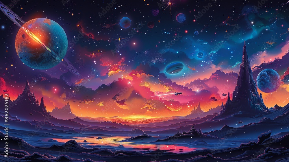 Fototapeta premium A captivating galactic scene with colorful nebulas, distant planets, and twinkling stars, with a spaceship exploring the vastness of space, embodying the wonder of the universe. Illustration,