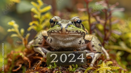 A frog find comfort as it sits on top of a lush and moss covered ground.