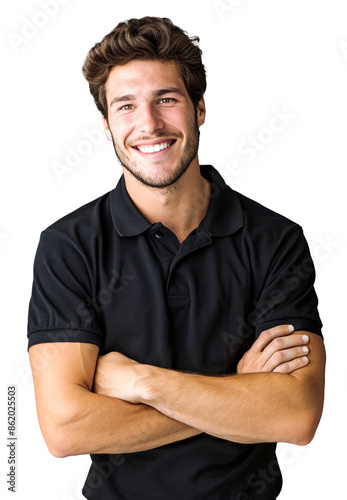 Caucasian man in his 30s with a confident smile, wearing a black polo shirt and crossing his arms, portraying strength and reliability. photo