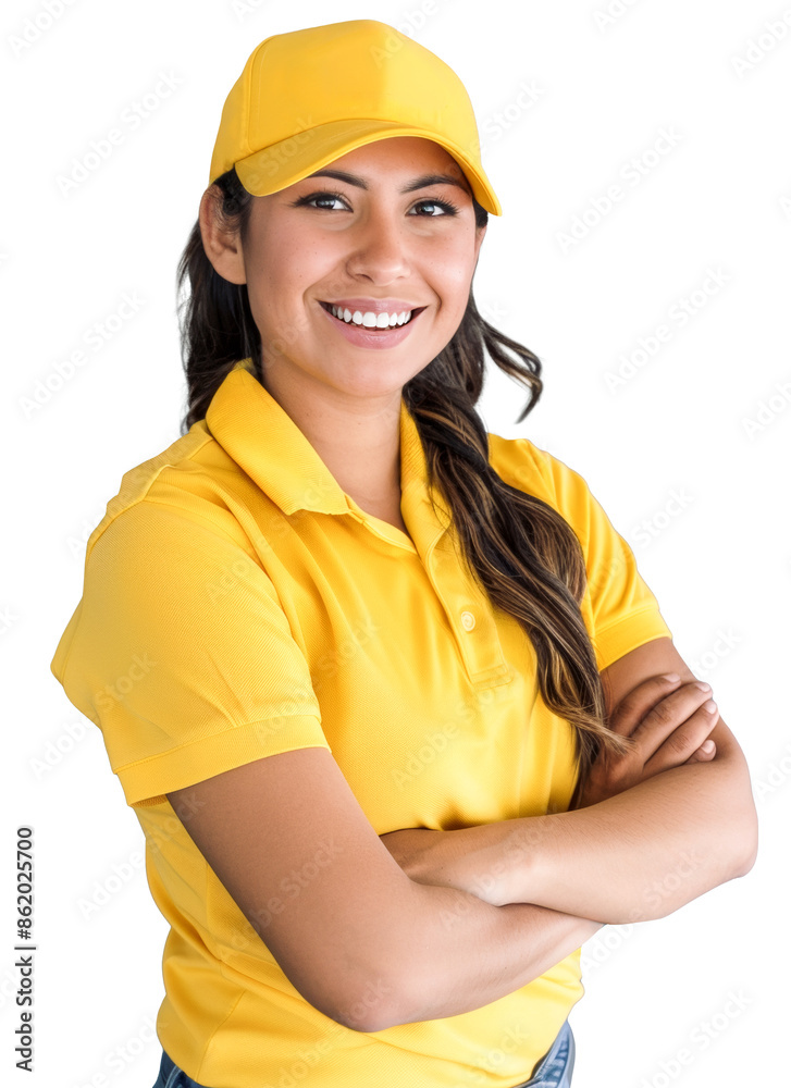 Young Latina woman in her 30s in a yellow uniform and cap, smiling confidently with arms crossed, showing positivity and readiness to work. Young Latina woman in her 30s in a yellow uniform and cap, smiling confidently with arms crossed, showing positivity and readiness to work.
