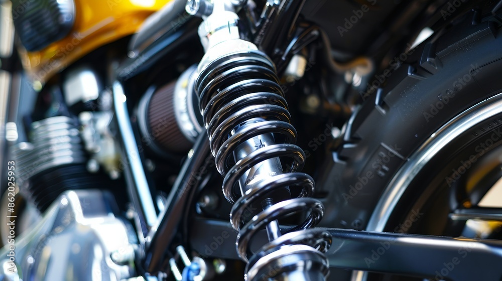 Close-Up of Motorcycle Front Wheel Shock Absorber Suspension Spring Close-Up of Motorcycle Front Wheel Shock Absorber Suspension Spring