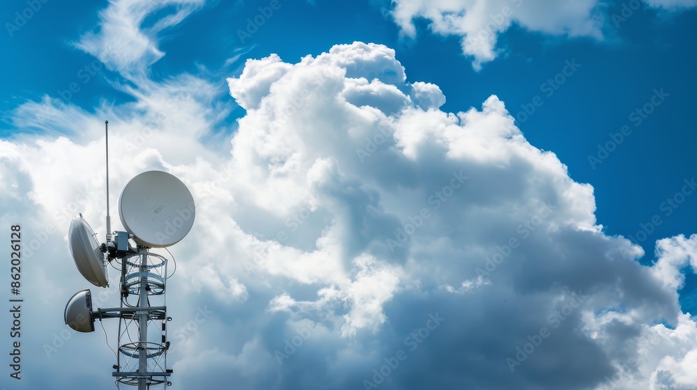Meteorological Doppler Weather Radar Station Monitoring Weather System Movement with Puffy White Clouds Background Meteorological Doppler Weather Radar Station Monitoring Weather System Movement with Puffy White Clouds Background