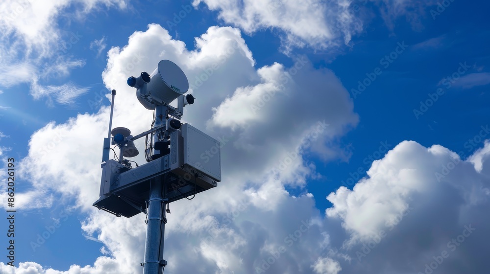Meteorological Doppler Weather Radar Station Monitoring Weather System Movement with Puffy White Clouds Background Meteorological Doppler Weather Radar Station Monitoring Weather System Movement with Puffy White Clouds Background