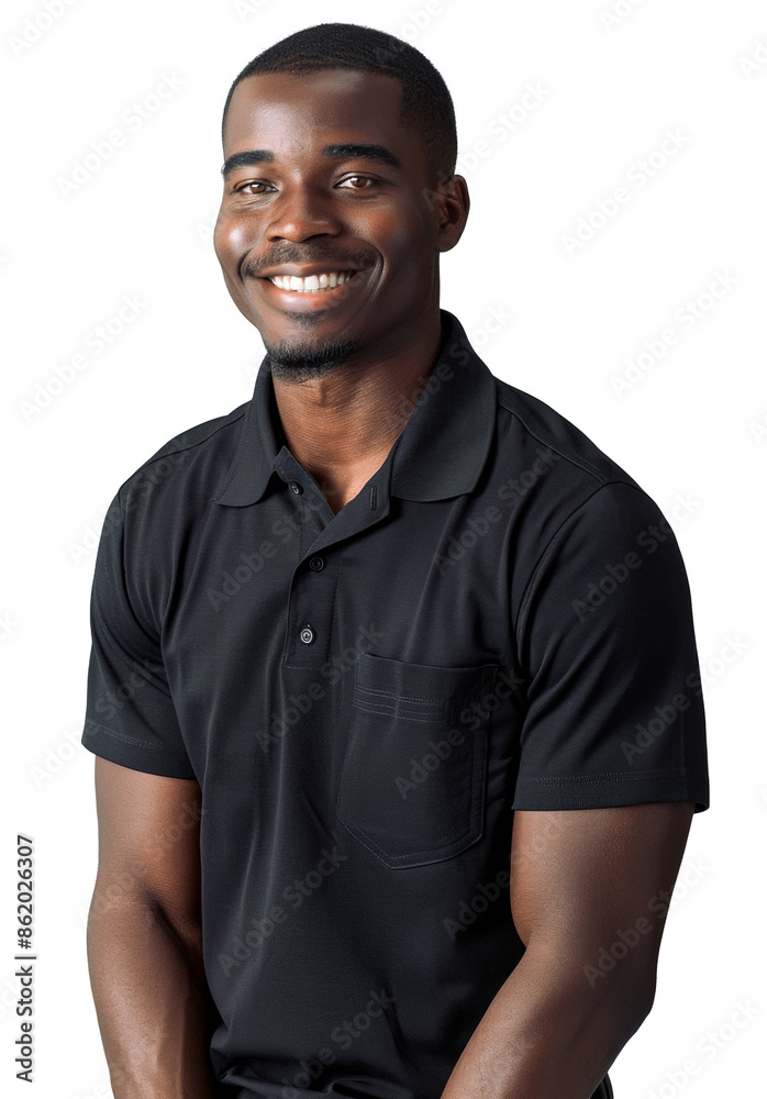 Young African man in a black polo shirt, smiling confidently against a transparent background. Young African man in a black polo shirt, smiling confidently against a transparent background.