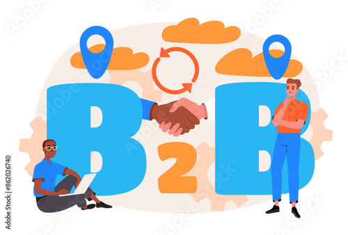 Business to business sales concept. People with b2b trading. Commerce and retail. Collaboration and cooperation. Companies partnership. Cartoon flat vector illustration isolated on white background