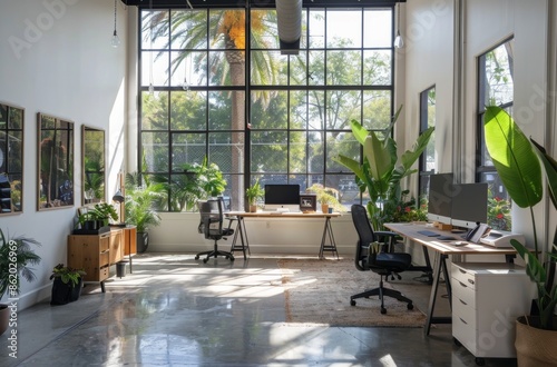 Modern Industrial Office Workspace With Natural Light and Greenery