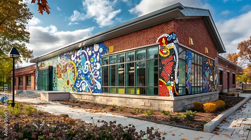 neighborhood community center with a colorful mosaic tile facade integrated into traditional brickwork, fostering local arts and culture photo