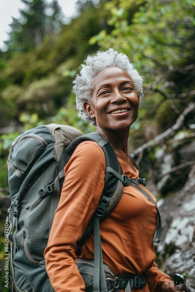 Obraz premium aging handsome black female hiking senior citizen exercising