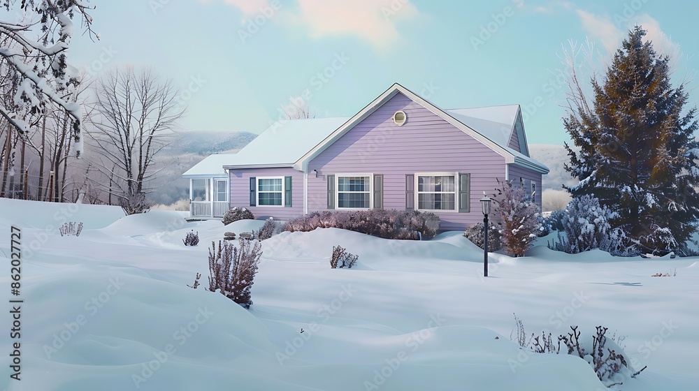 panoramic shot of a home clad in vinyl siding in a pastel lavender, standing serene and unscathed amidst a snowy landscape, displaying its charm and endurance panoramic shot of a home clad in vinyl siding in a pastel lavender, standing serene and unscathed amidst a snowy landscape, displaying its charm and endurance